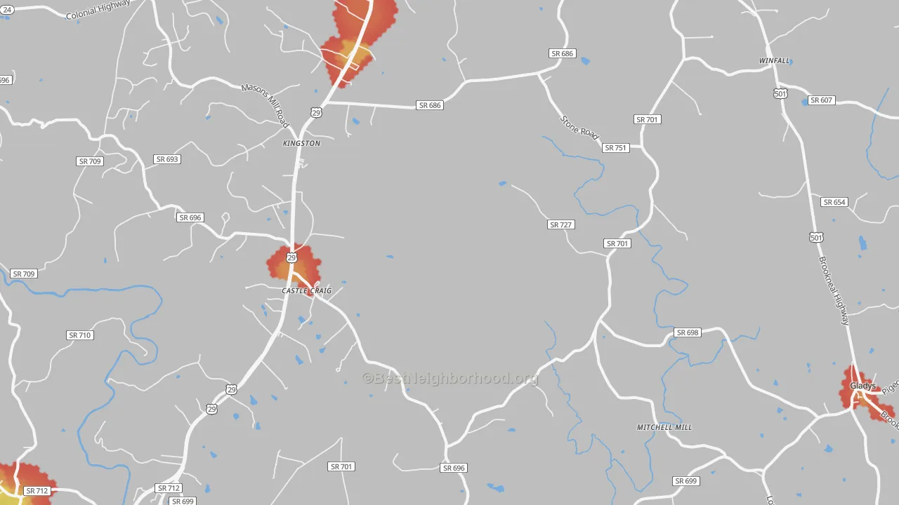 Walk Grade map of Seneca, VA, walkable areas in green and car-dependent areas in red