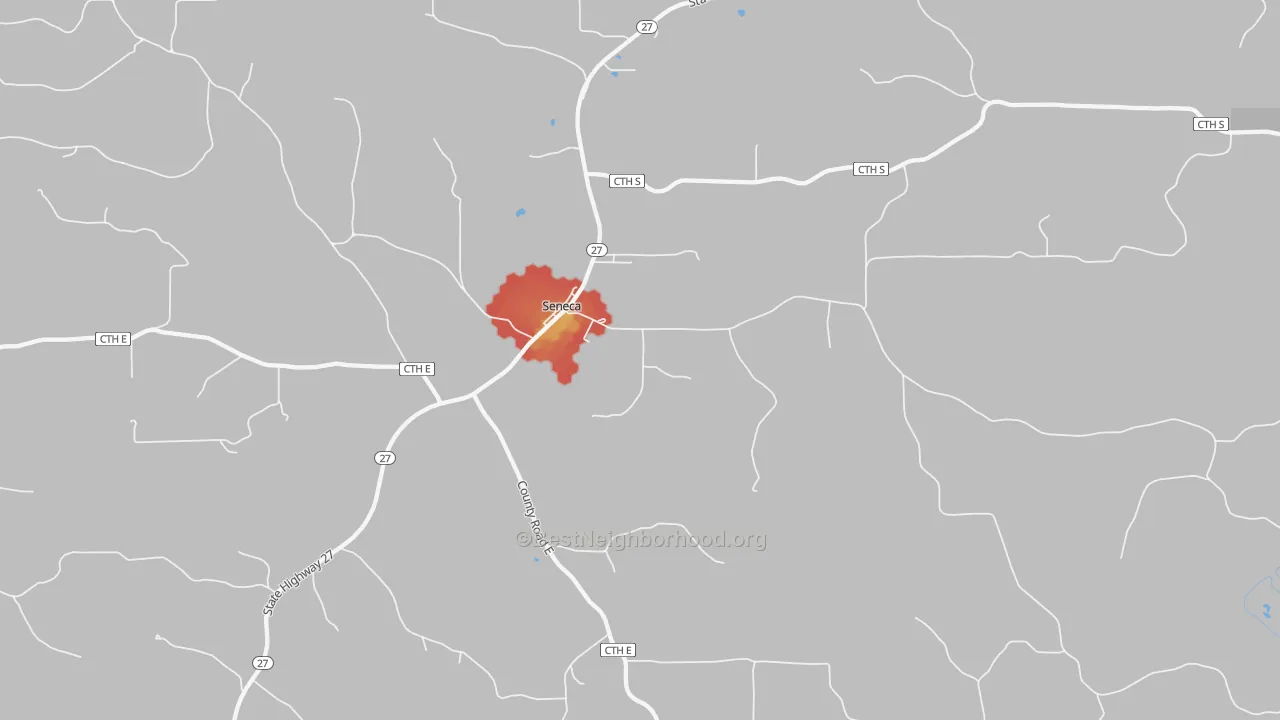 Walk Grade map of Seneca, WI, walkable areas in green and car-dependent areas in red