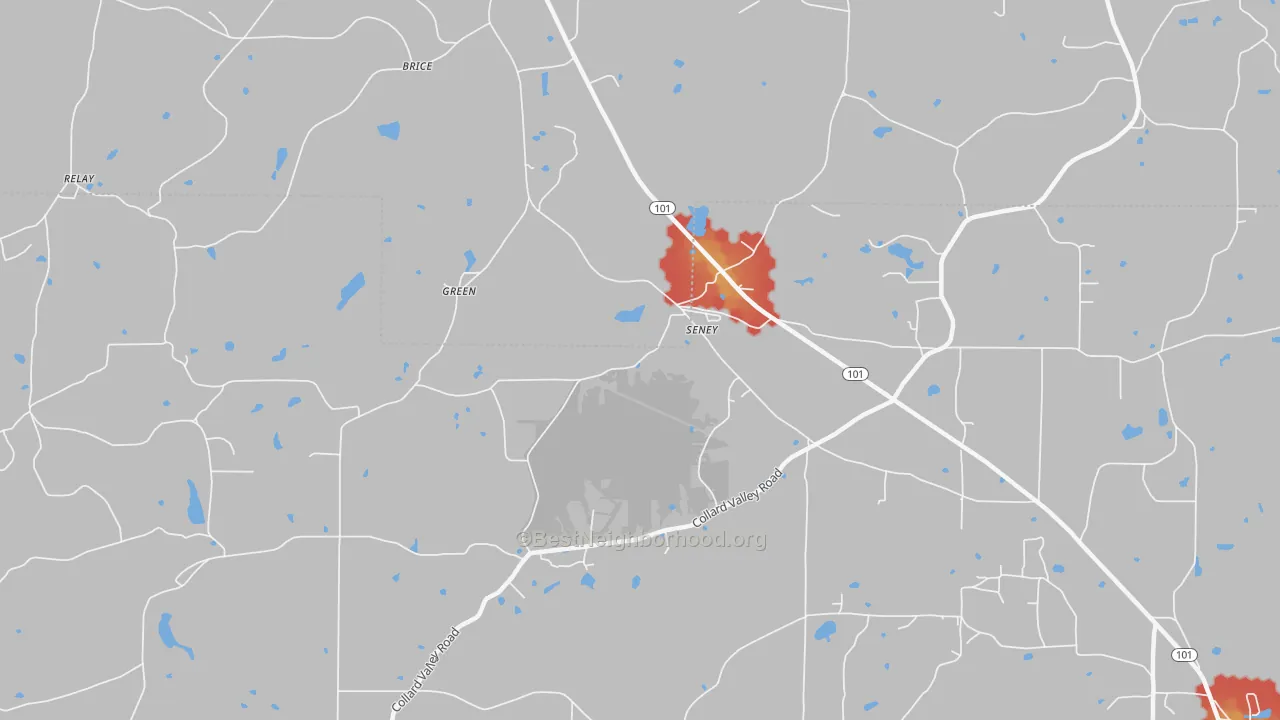 Walk Grade map of Seney, GA, walkable areas in green and car-dependent areas in red