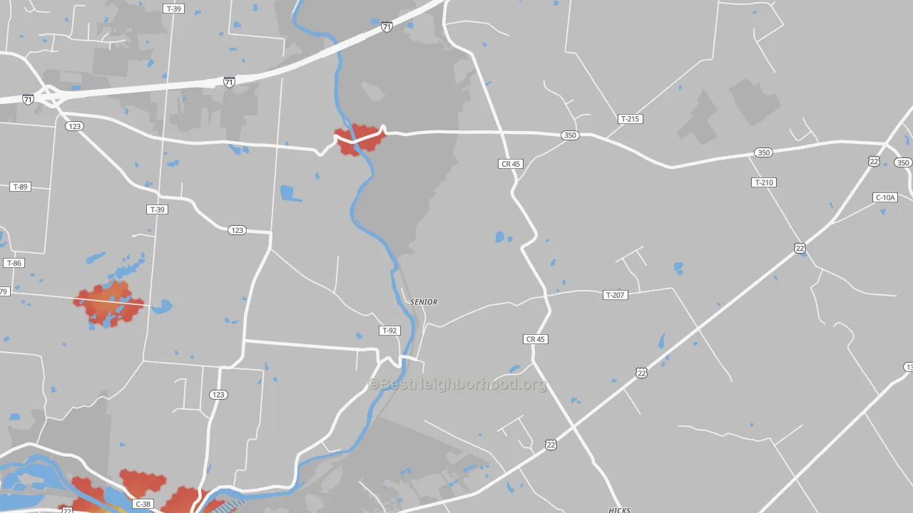 Walk Grade map of Senior, OH, walkable areas in green and car-dependent areas in red