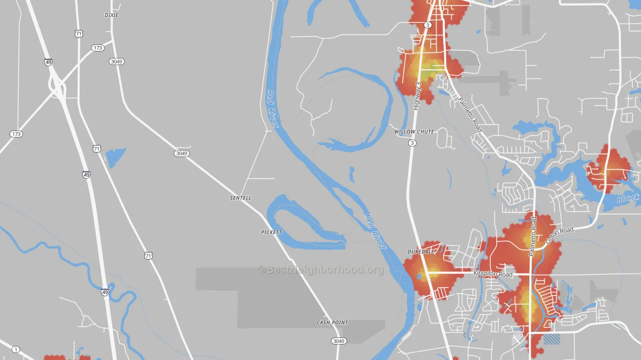 Walk Grade map of Sentell, LA, walkable areas in green and car-dependent areas in red
