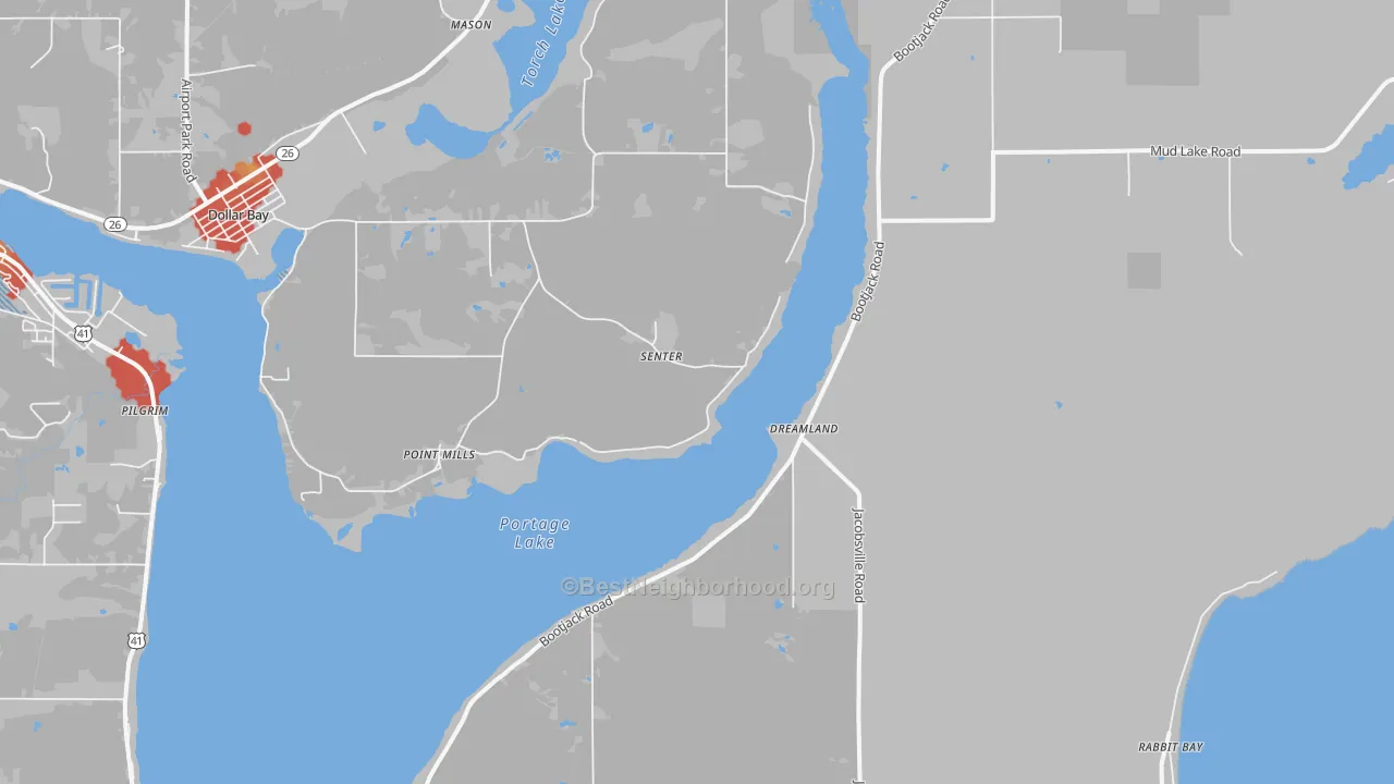 Walk Grade map of Senter, MI, walkable areas in green and car-dependent areas in red