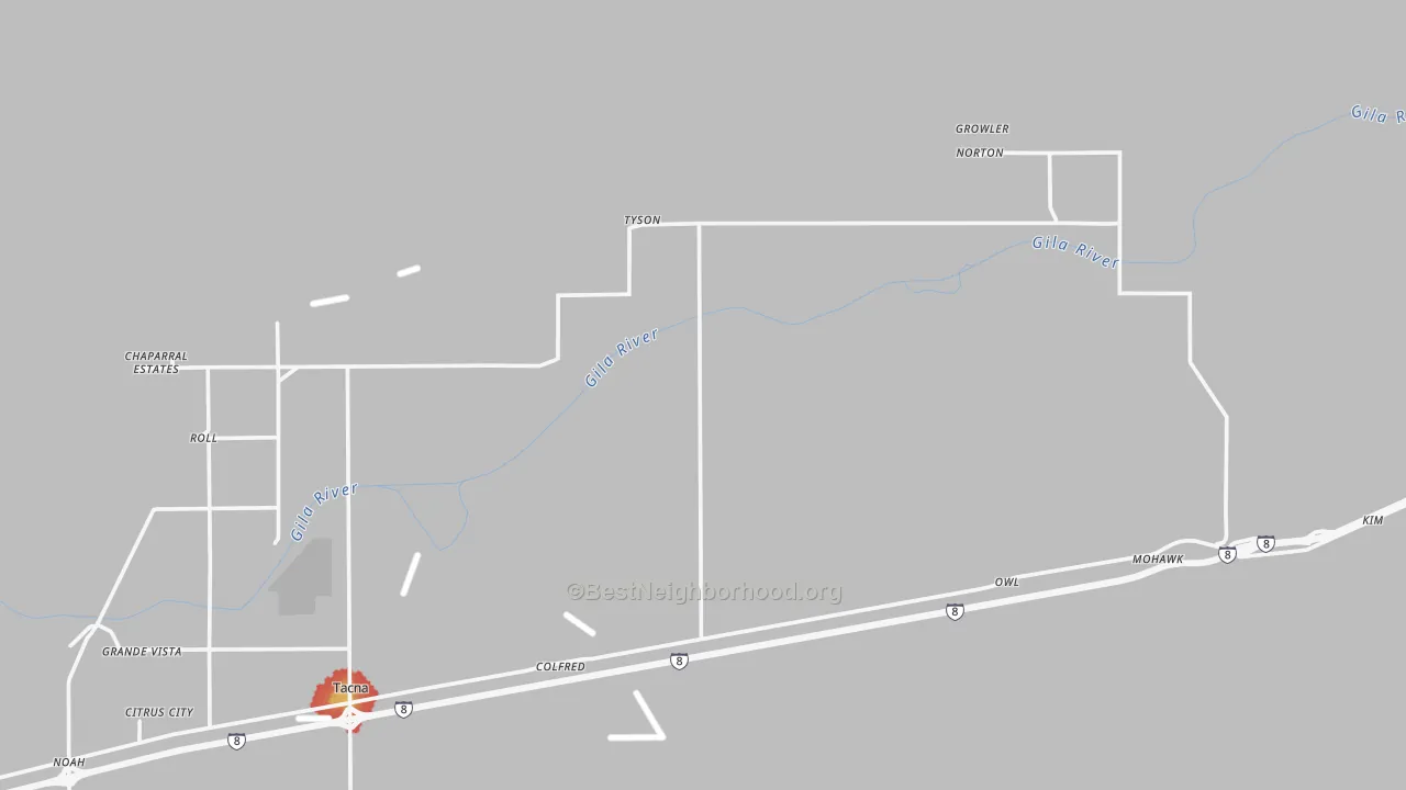 Walk Grade map of Sentinel, AZ, walkable areas in green and car-dependent areas in red