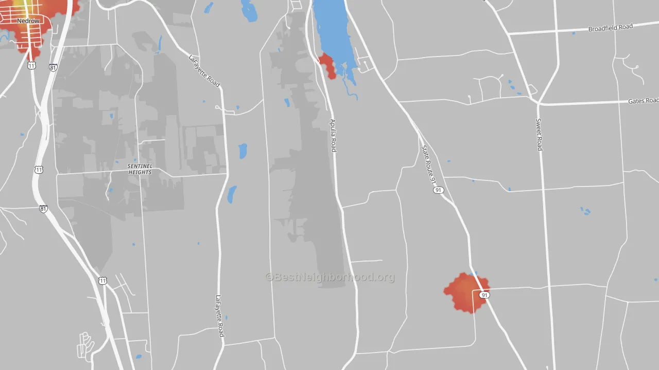 Walk Grade map of Sentinel Heights, NY, walkable areas in green and car-dependent areas in red