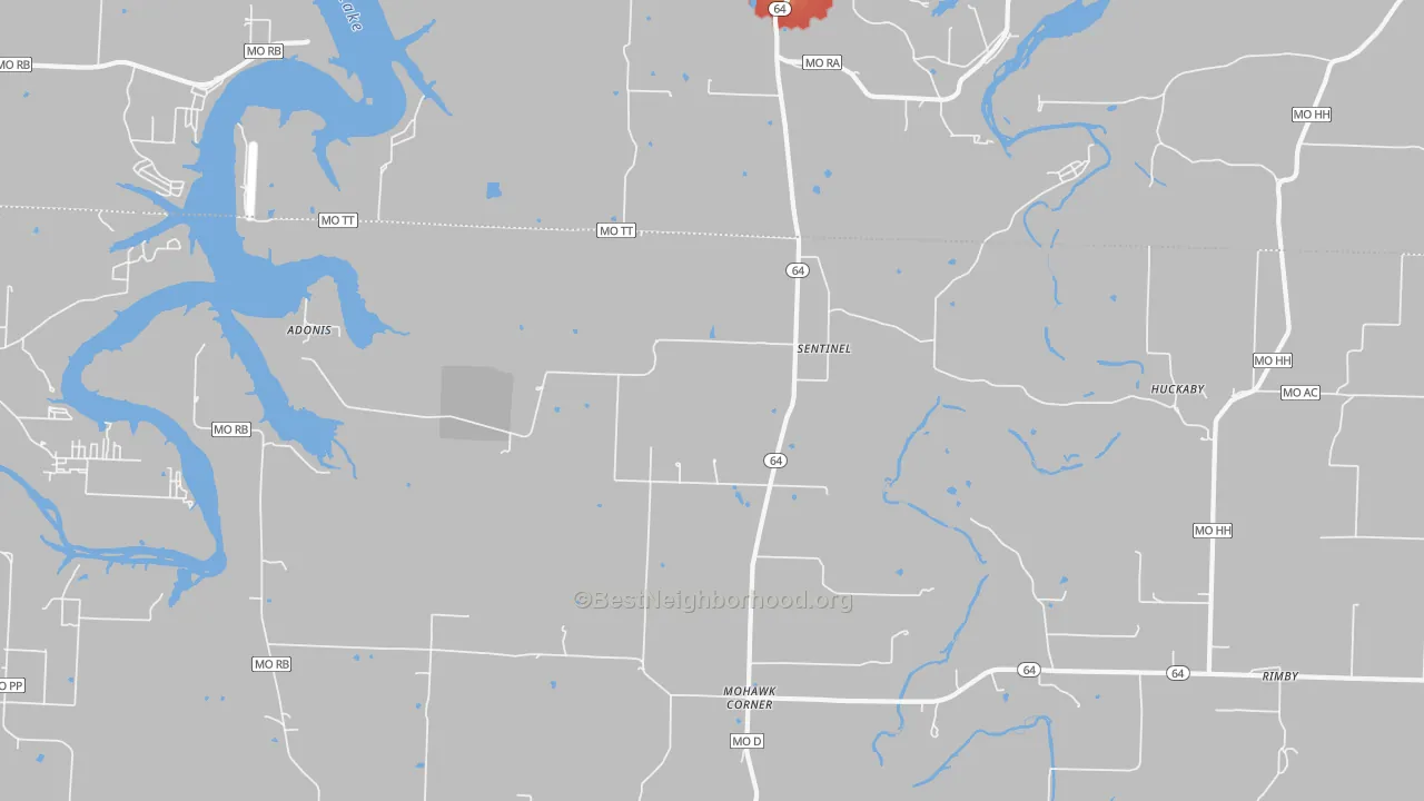 Walk Grade map of Sentinel, MO, walkable areas in green and car-dependent areas in red