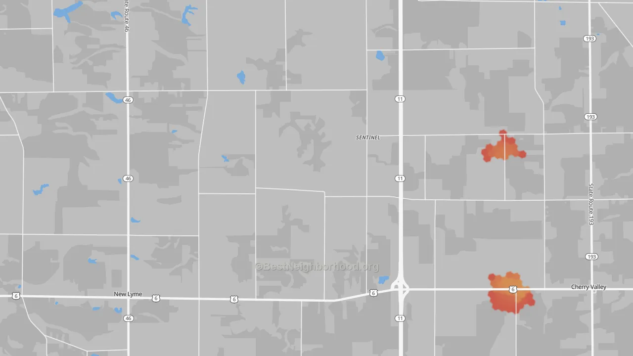 Walk Grade map of Sentinel, OH, walkable areas in green and car-dependent areas in red