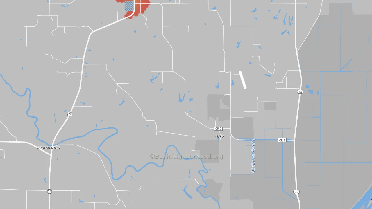 Walk Grade map of Sepo, IL, walkable areas in green and car-dependent areas in red