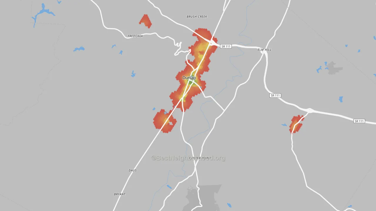 Walk Grade map of Sequatchie County, TN, walkable areas in green and car-dependent areas in red