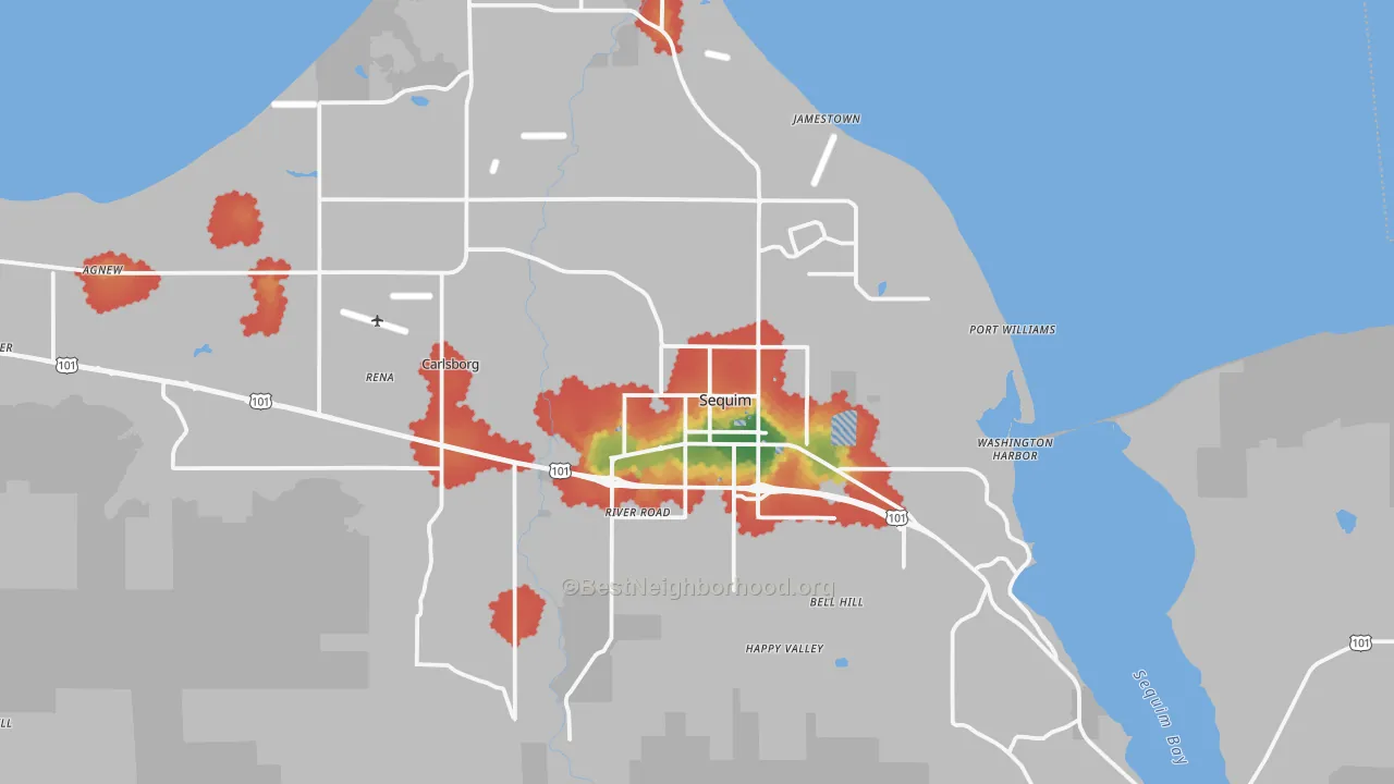 Walk Grade map of Sequim, WA, walkable areas in green and car-dependent areas in red