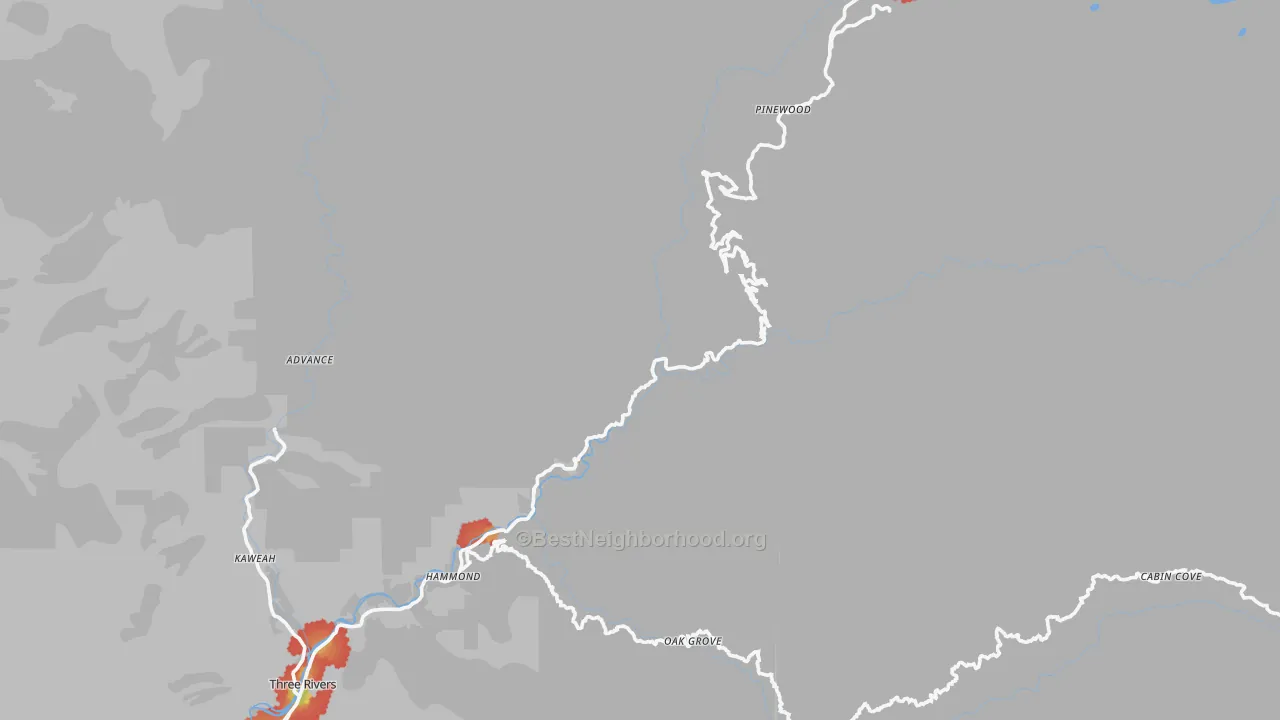 Walk Grade map of Sequoia National Park, CA, walkable areas in green and car-dependent areas in red