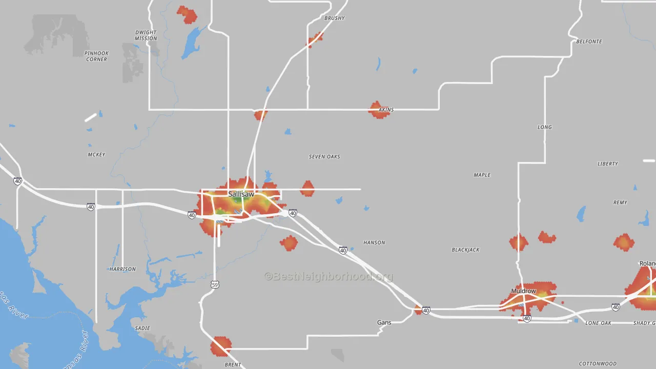 Walk Grade map of Sequoyah County, OK, walkable areas in green and car-dependent areas in red