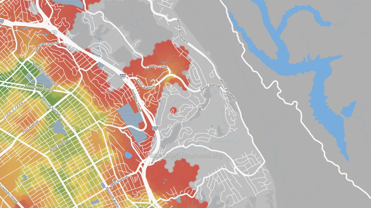 Walk Grade map of Sequoyah, Oakland, CA, walkable areas in green and car-dependent areas in red