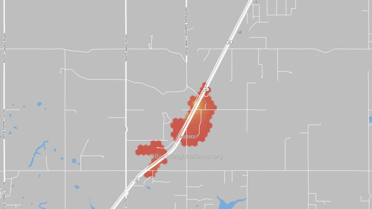 Walk Grade map of Sequoyah, OK, walkable areas in green and car-dependent areas in red