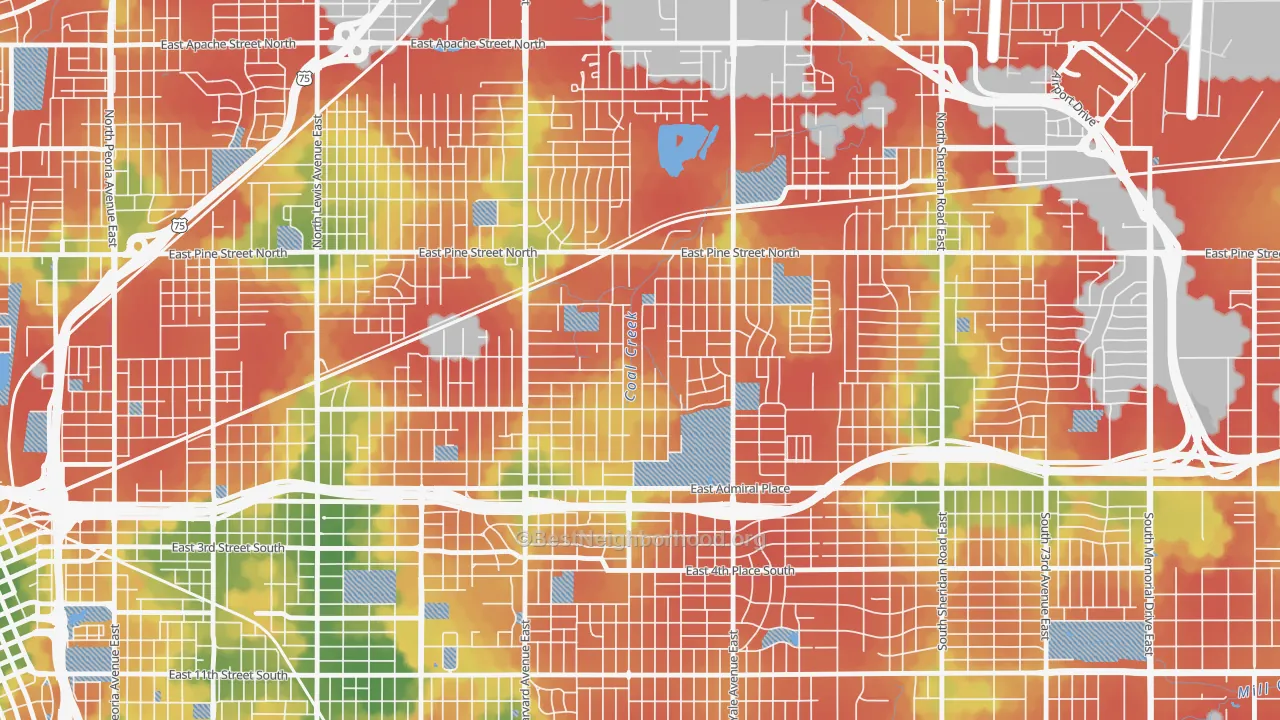 Walk Grade map of Sequoyah, Tulsa, OK, walkable areas in green and car-dependent areas in red