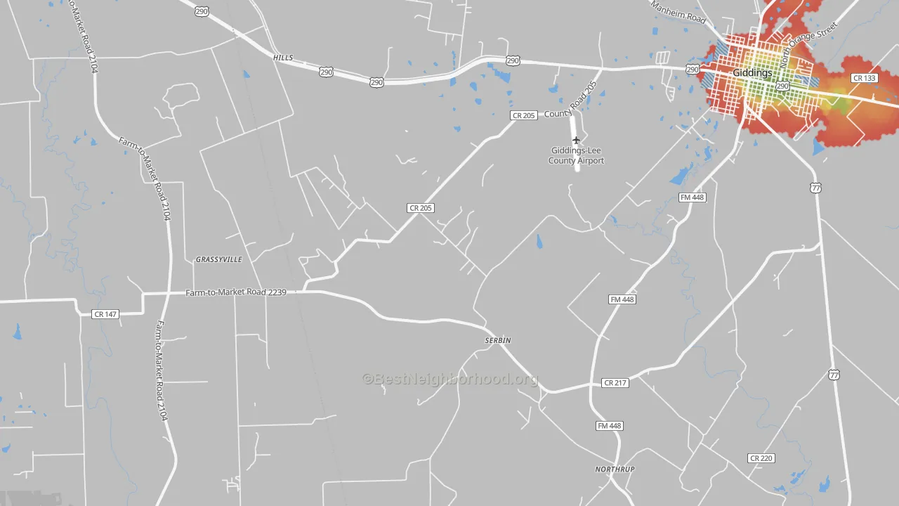 Walk Grade map of Serbin, TX, walkable areas in green and car-dependent areas in red