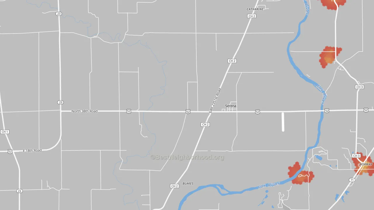 Walk Grade map of Serena, IL, walkable areas in green and car-dependent areas in red