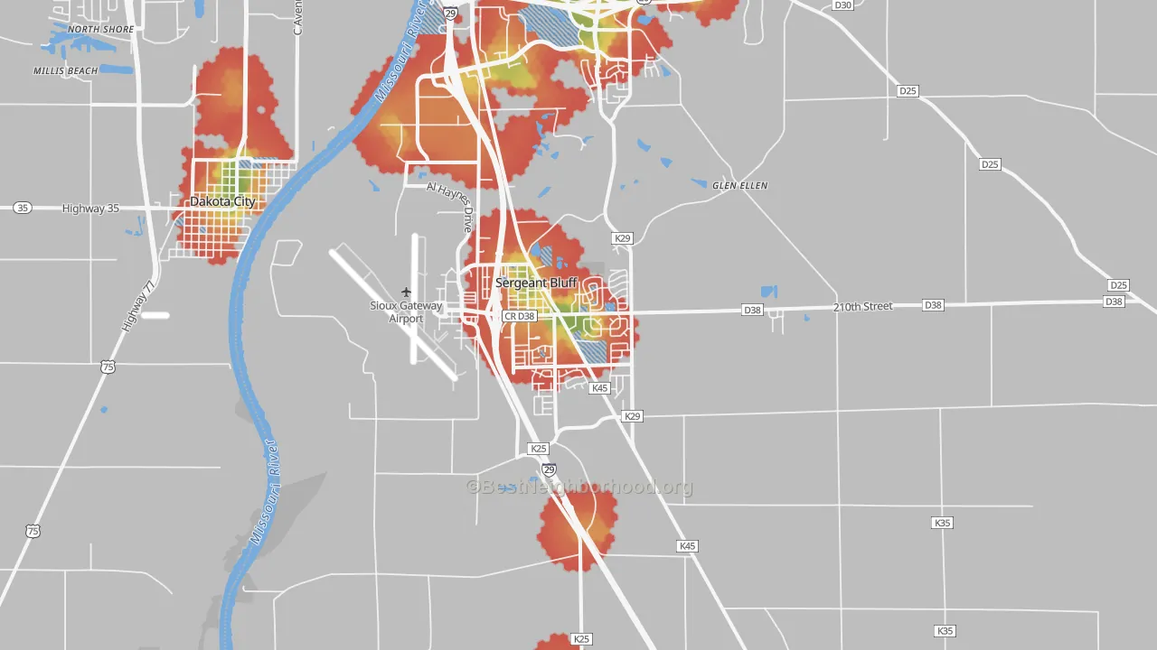 Walk Grade map of Sergeant Bluff, IA, walkable areas in green and car-dependent areas in red