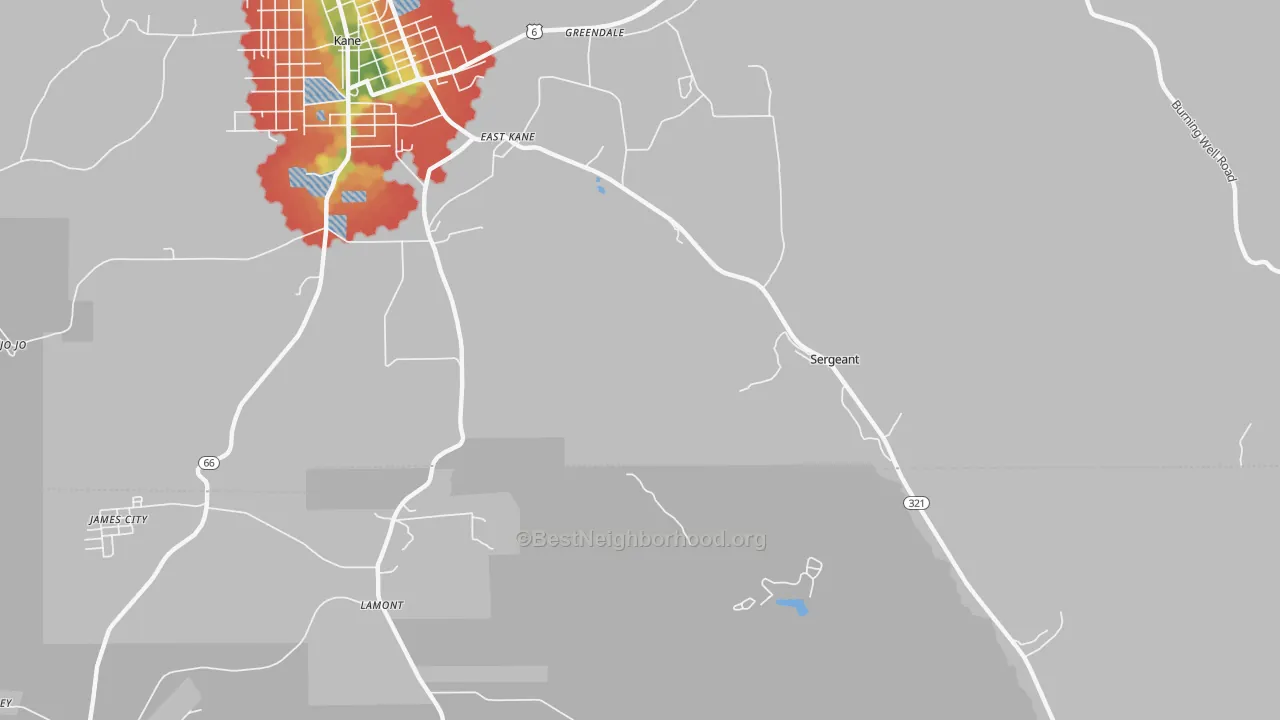 Walk Grade map of Sergeant, PA, walkable areas in green and car-dependent areas in red