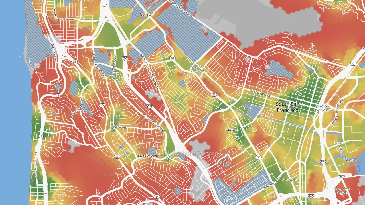 Walk Grade map of Serra Highlands, South San Francisco, CA, walkable areas in green and car-dependent areas in red