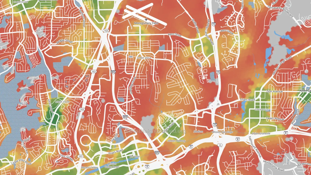 Walk Grade map of Serra Mesa, San Diego, CA, walkable areas in green and car-dependent areas in red