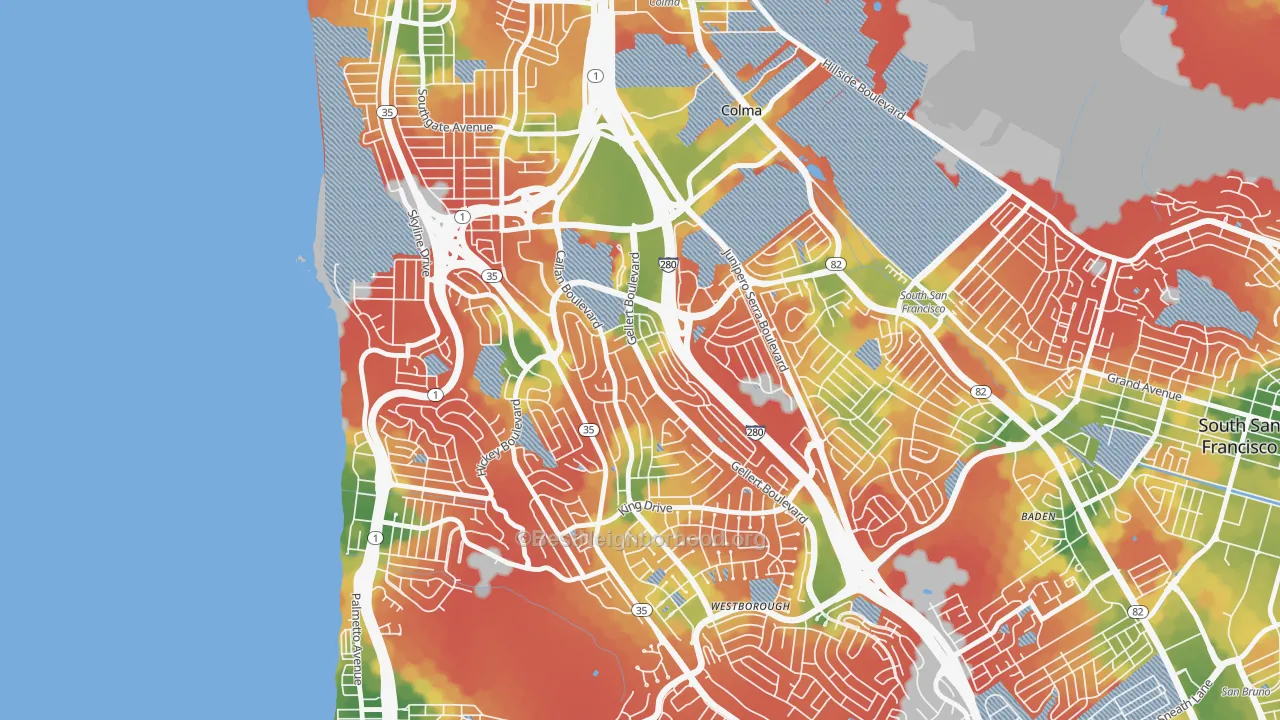 Walk Grade map of Serramonte, Daly City, CA, walkable areas in green and car-dependent areas in red