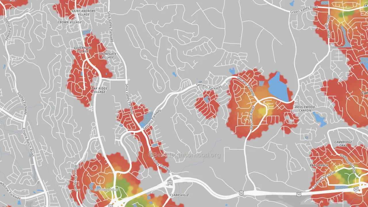 Walk Grade map of Serrano Village, El Dorado Hills, CA, walkable areas in green and car-dependent areas in red