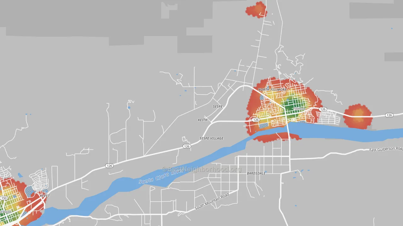 Walk Grade map of Sespe, CA, walkable areas in green and car-dependent areas in red