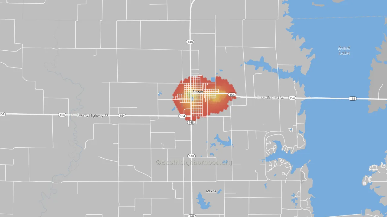 Walk Grade map of Sesser, IL, walkable areas in green and car-dependent areas in red