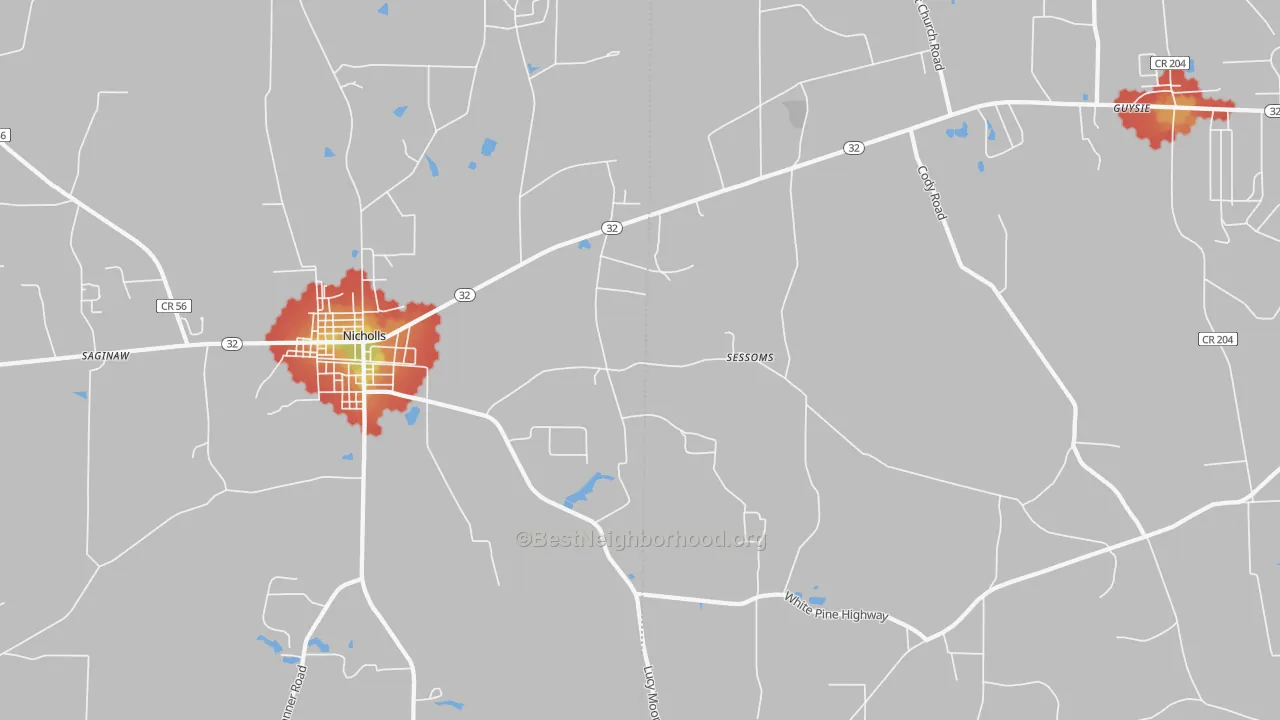Walk Grade map of Sessoms, GA, walkable areas in green and car-dependent areas in red