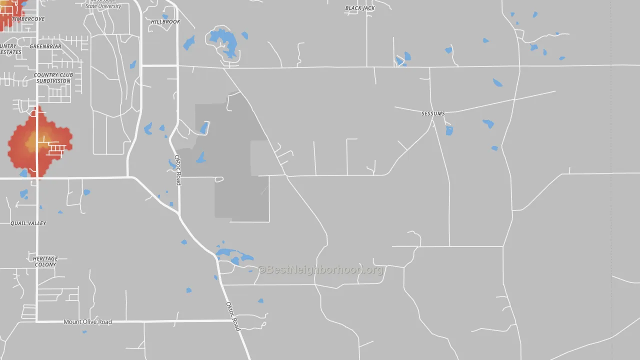 Walk Grade map of Sessums, MS, walkable areas in green and car-dependent areas in red
