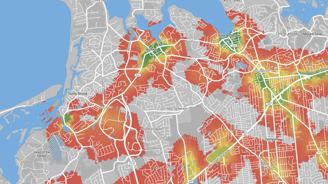 Walk Grade map of Setauket-East Setauket, NY, walkable areas in green and car-dependent areas in red