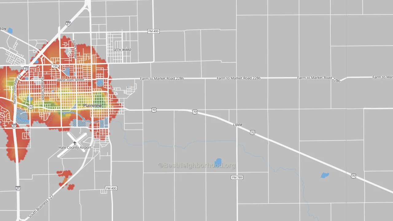 Walk Grade map of Seth Ward, TX, walkable areas in green and car-dependent areas in red