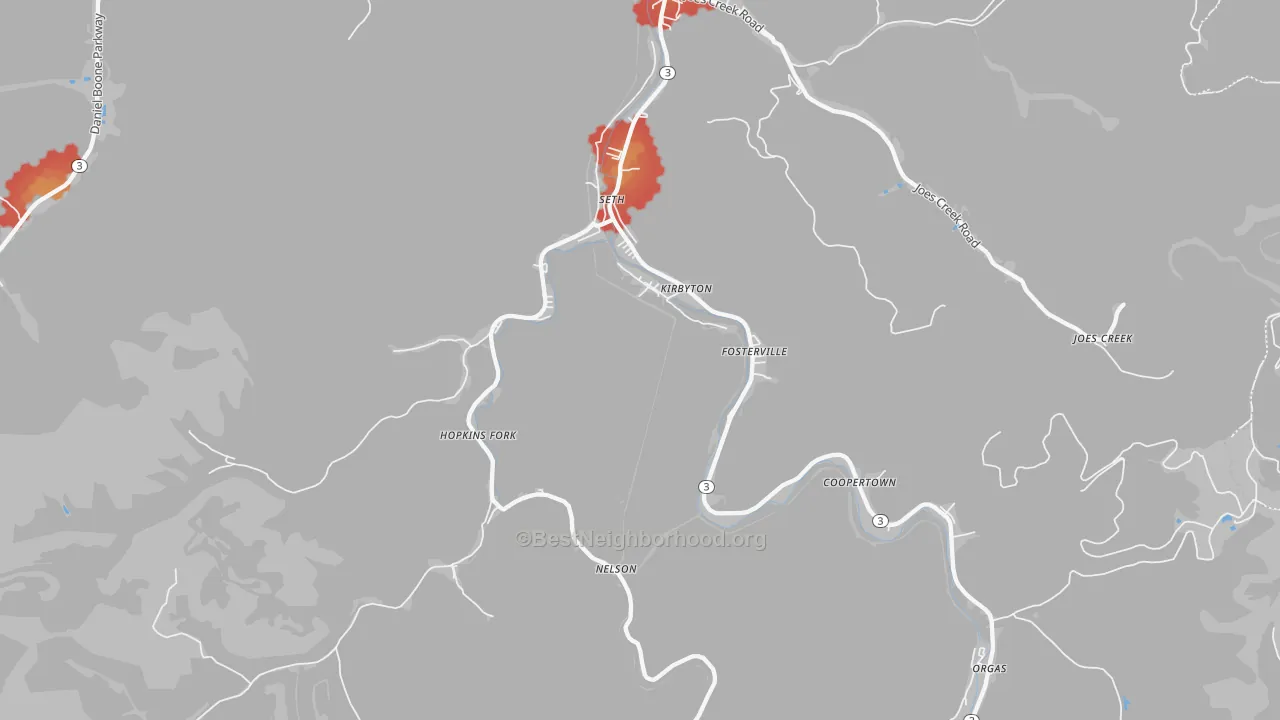 Walk Grade map of Seth, WV, walkable areas in green and car-dependent areas in red
