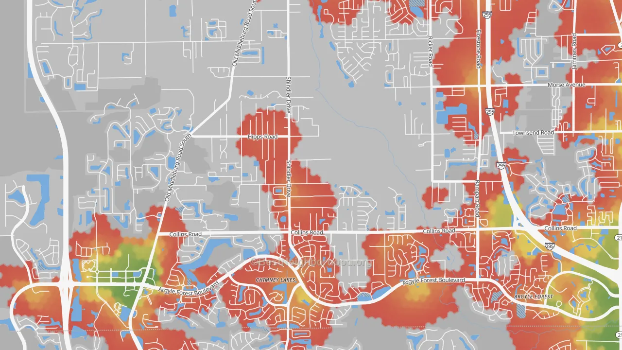 Walk Grade map of Settlers Landing, Jacksonville, FL, walkable areas in green and car-dependent areas in red