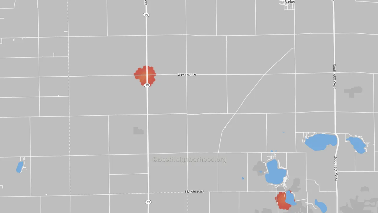 Walk Grade map of Sevastopol, IN, walkable areas in green and car-dependent areas in red