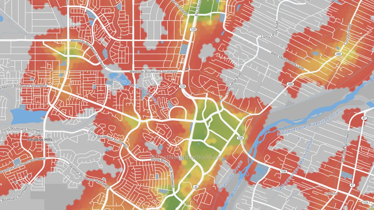 Walk Grade map of Seven Bar Ranch, Albuquerque, NM, walkable areas in green and car-dependent areas in red