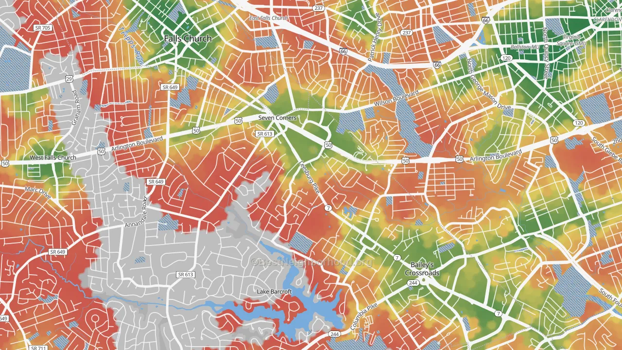 Walk Grade map of Seven Corners, VA, walkable areas in green and car-dependent areas in red