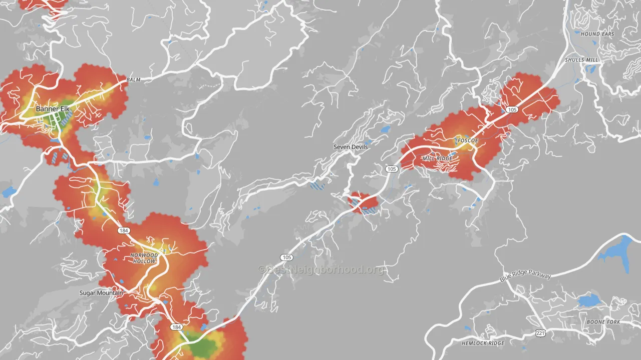 Walk Grade map of Seven Devils, NC, walkable areas in green and car-dependent areas in red