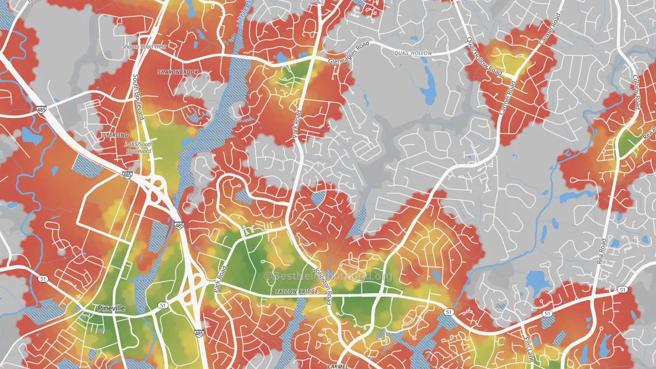 Walk Grade map of Seven Eagles, Charlotte, NC, walkable areas in green and car-dependent areas in red