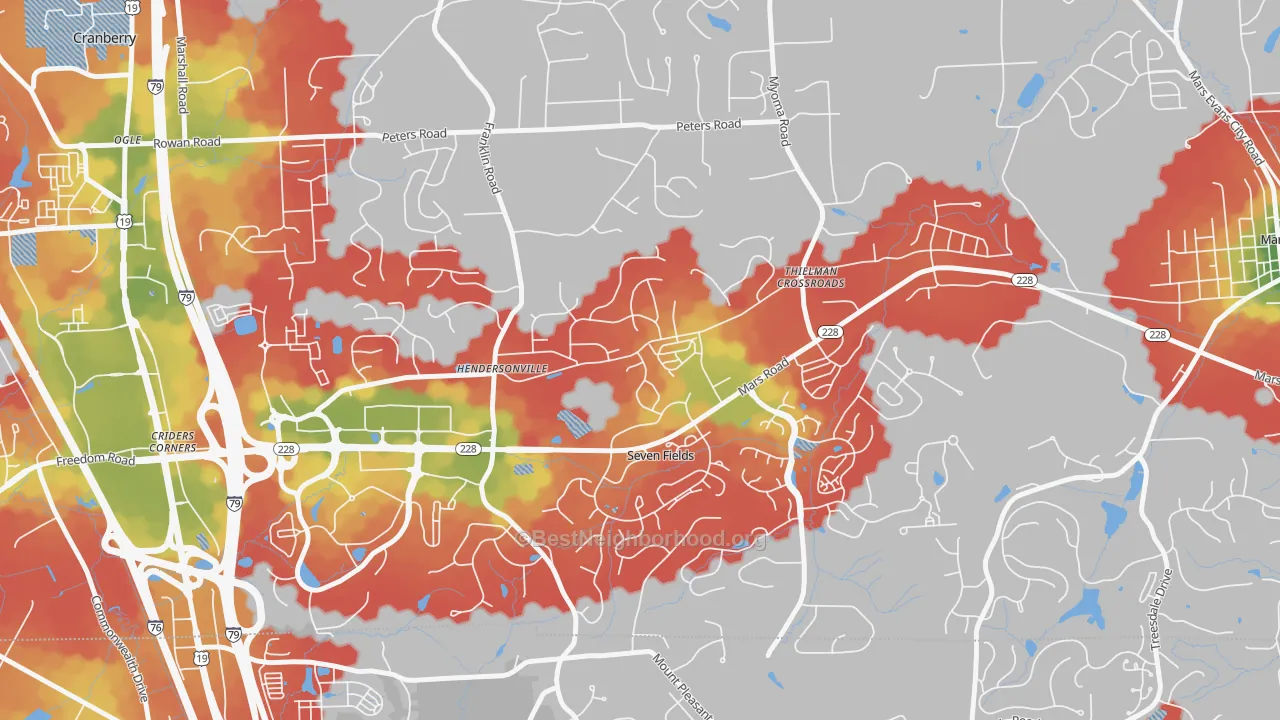 Walk Grade map of Seven Fields, PA, walkable areas in green and car-dependent areas in red