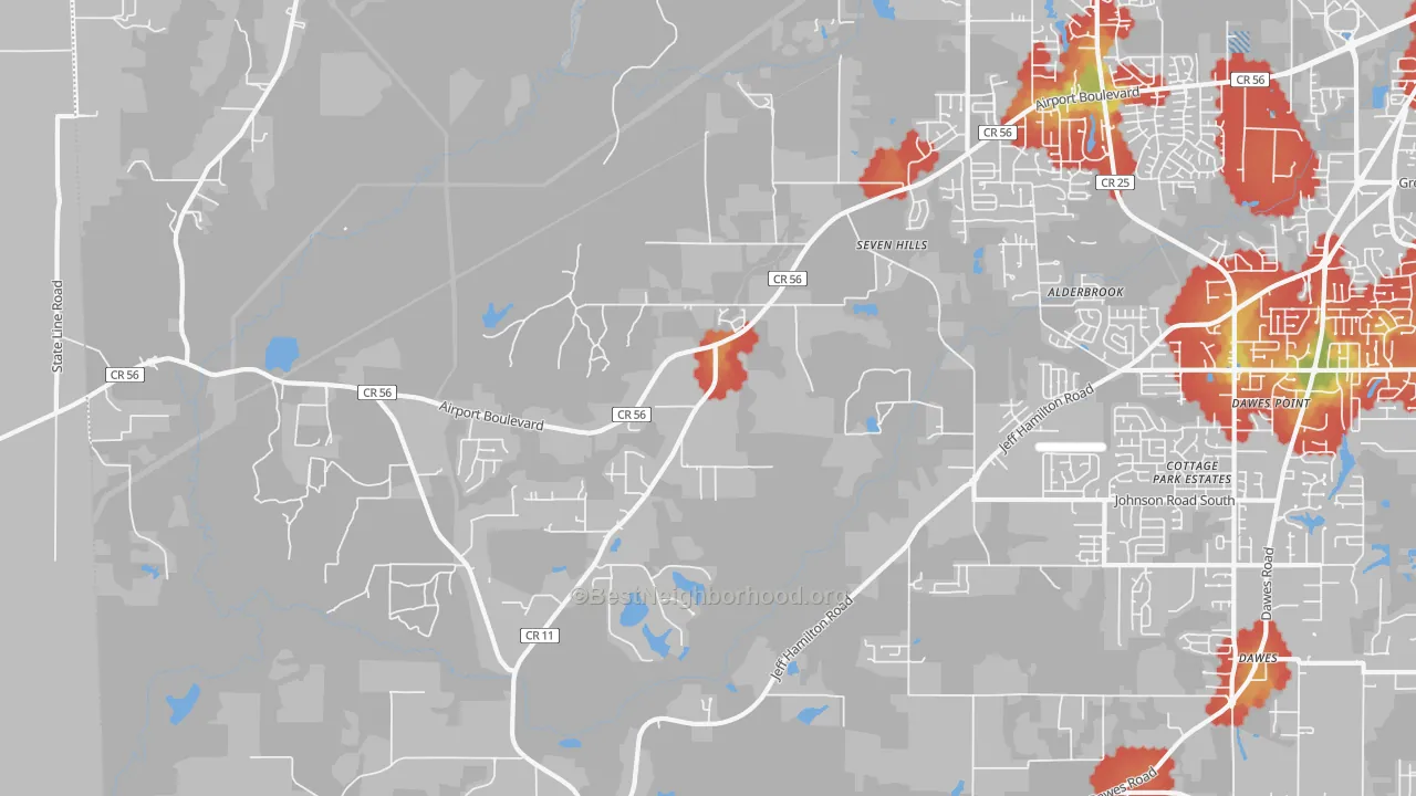 Walk Grade map of Seven Hills, AL, walkable areas in green and car-dependent areas in red