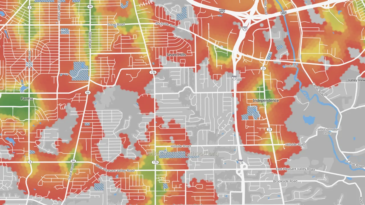 Walk Grade map of Seven Hills, OH, walkable areas in green and car-dependent areas in red