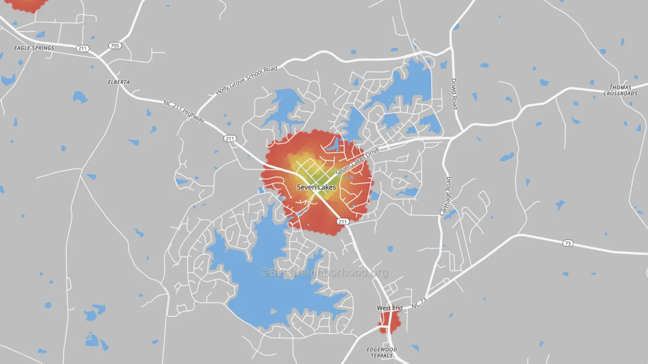 Walk Grade map of Seven Lakes, NC, walkable areas in green and car-dependent areas in red