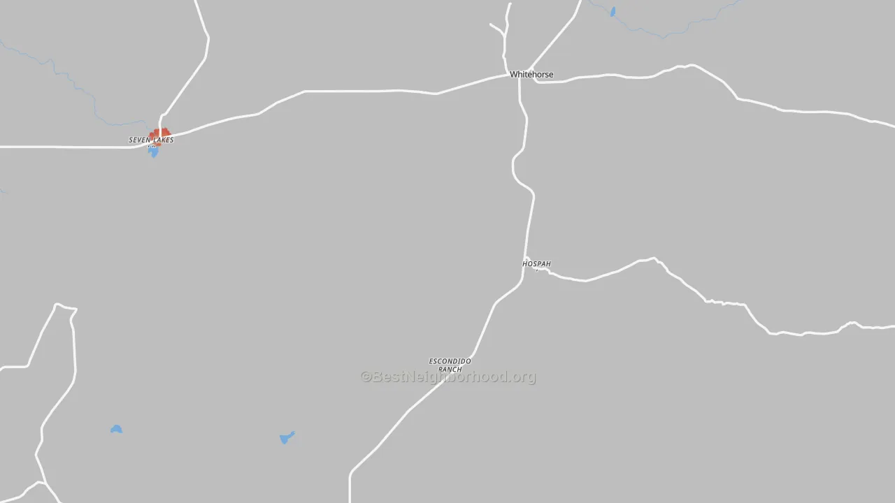 Walk Grade map of Seven Lakes, NM, walkable areas in green and car-dependent areas in red