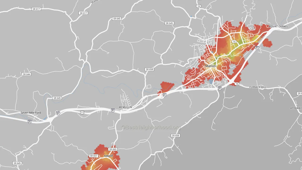 Walk Grade map of Seven Mile Ford, VA, walkable areas in green and car-dependent areas in red