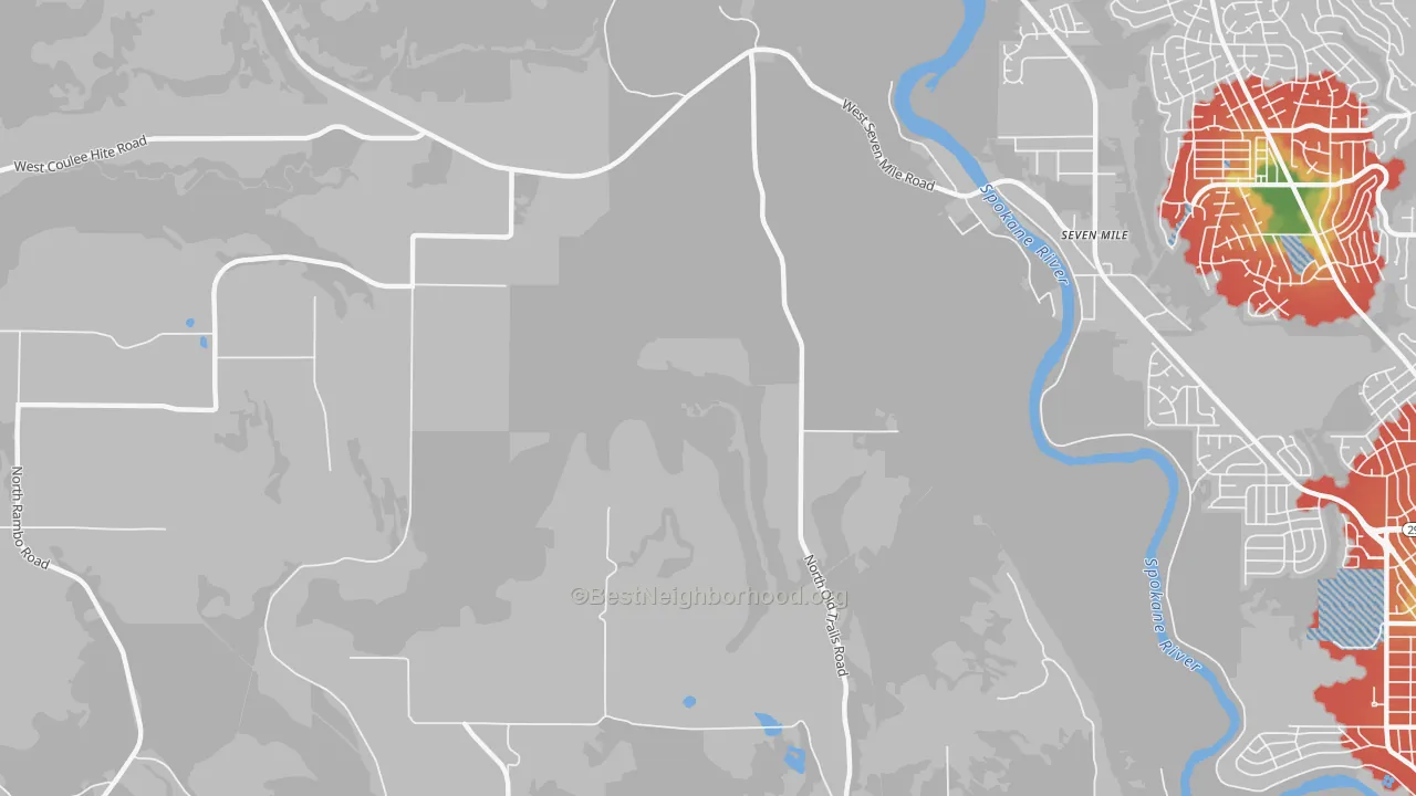 Walk Grade map of Seven Mile, WA, walkable areas in green and car-dependent areas in red