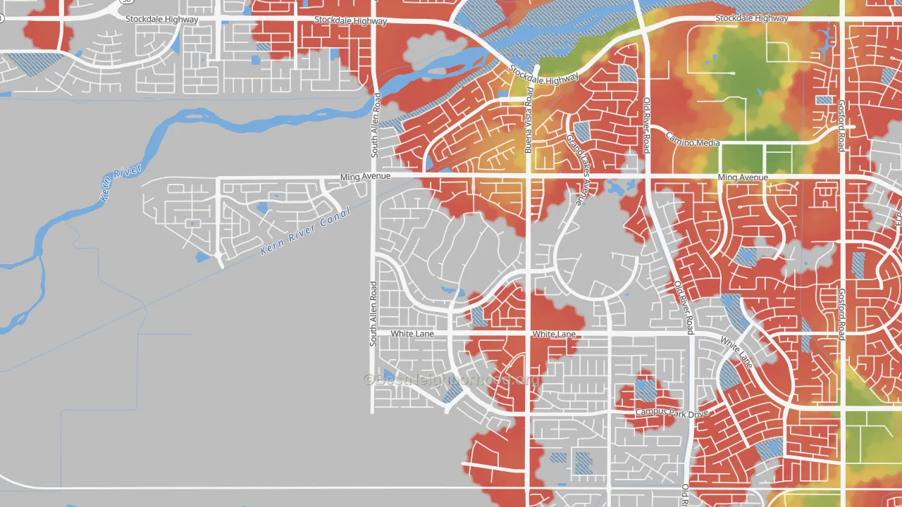 Walk Grade map of Seven Oaks at Grand Island, Bakersfield, CA, walkable areas in green and car-dependent areas in red