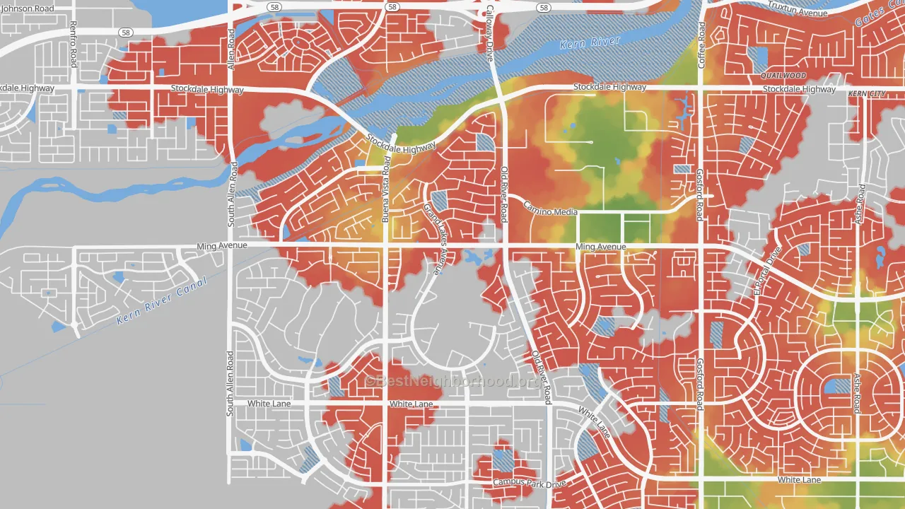 Walk Grade map of Seven Oaks, Bakersfield, CA, walkable areas in green and car-dependent areas in red