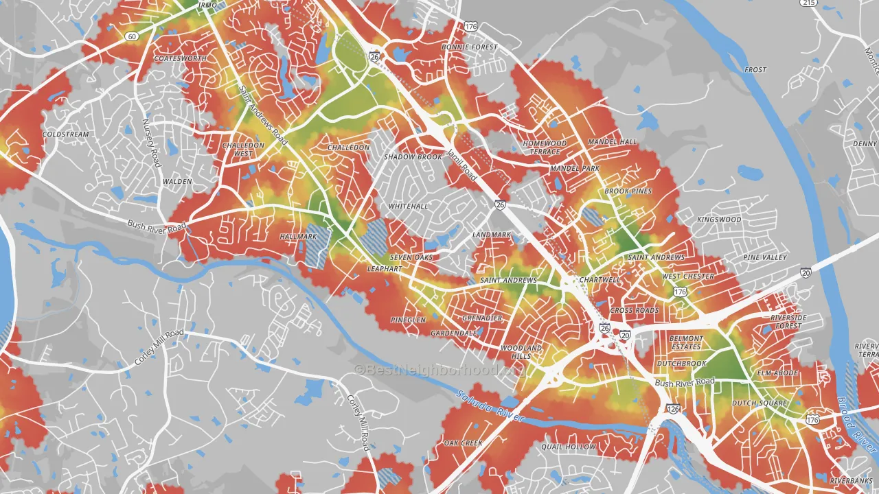 Walk Grade map of Seven Oaks, SC, walkable areas in green and car-dependent areas in red