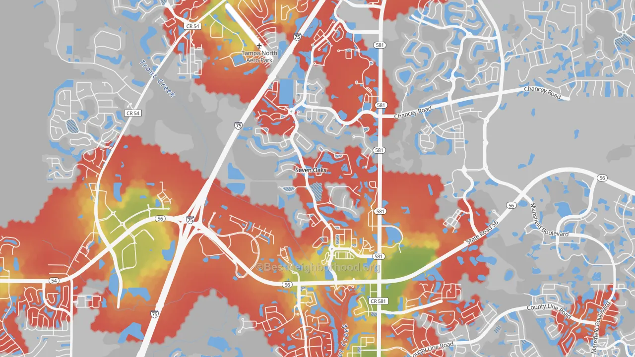 Walk Grade map of Seven Oaks, Wesley Chapel, FL, walkable areas in green and car-dependent areas in red